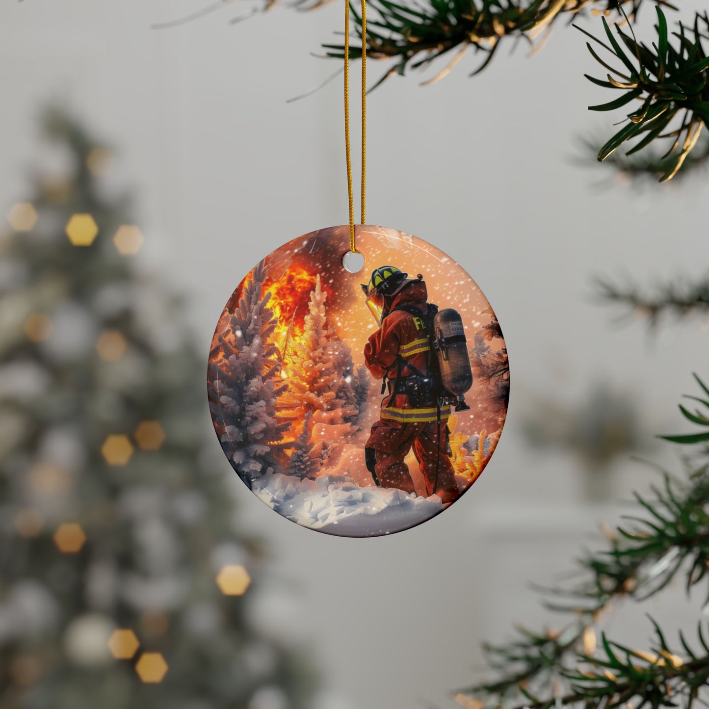 Firefighter and Flames Ornament