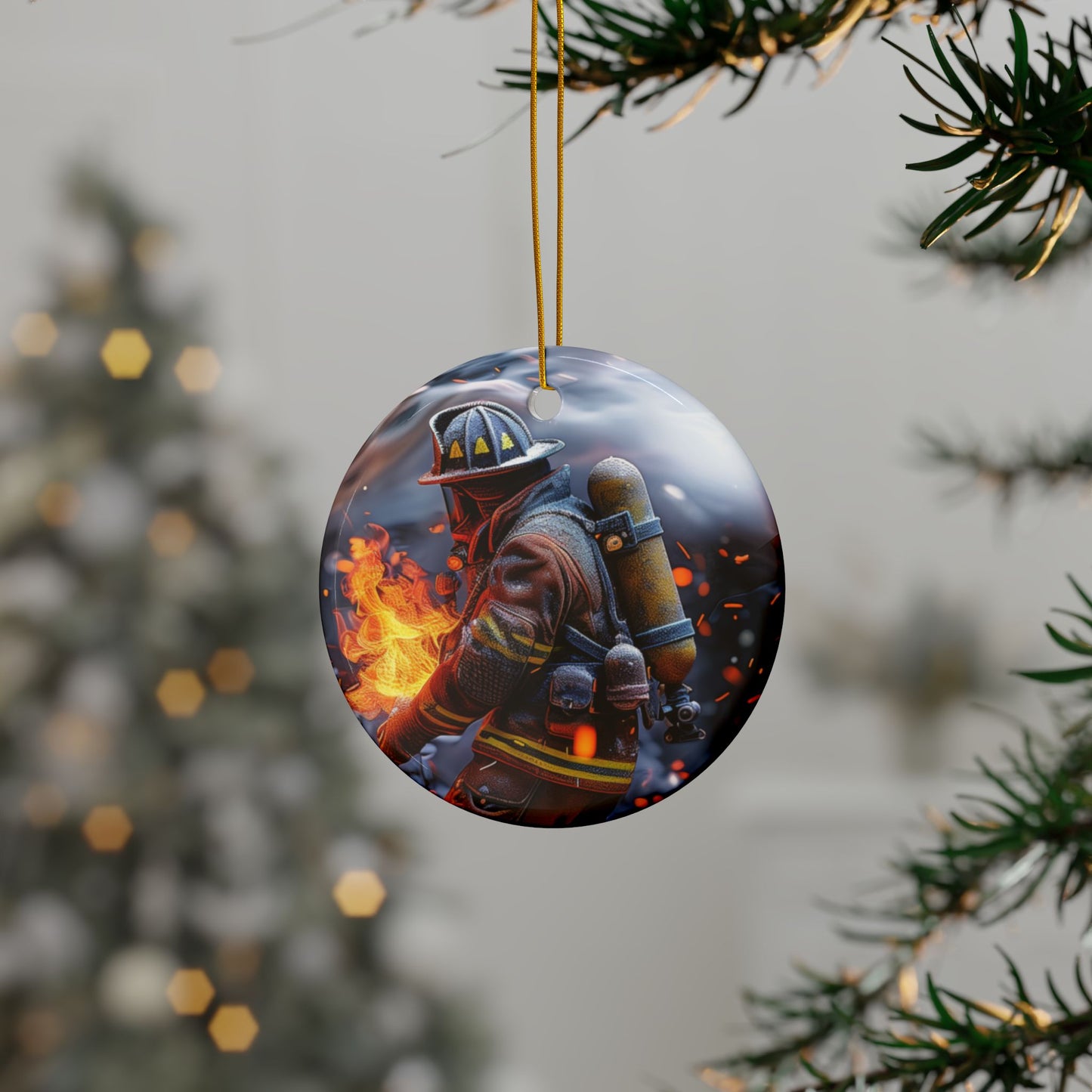 Firefighter and Flames Ornament